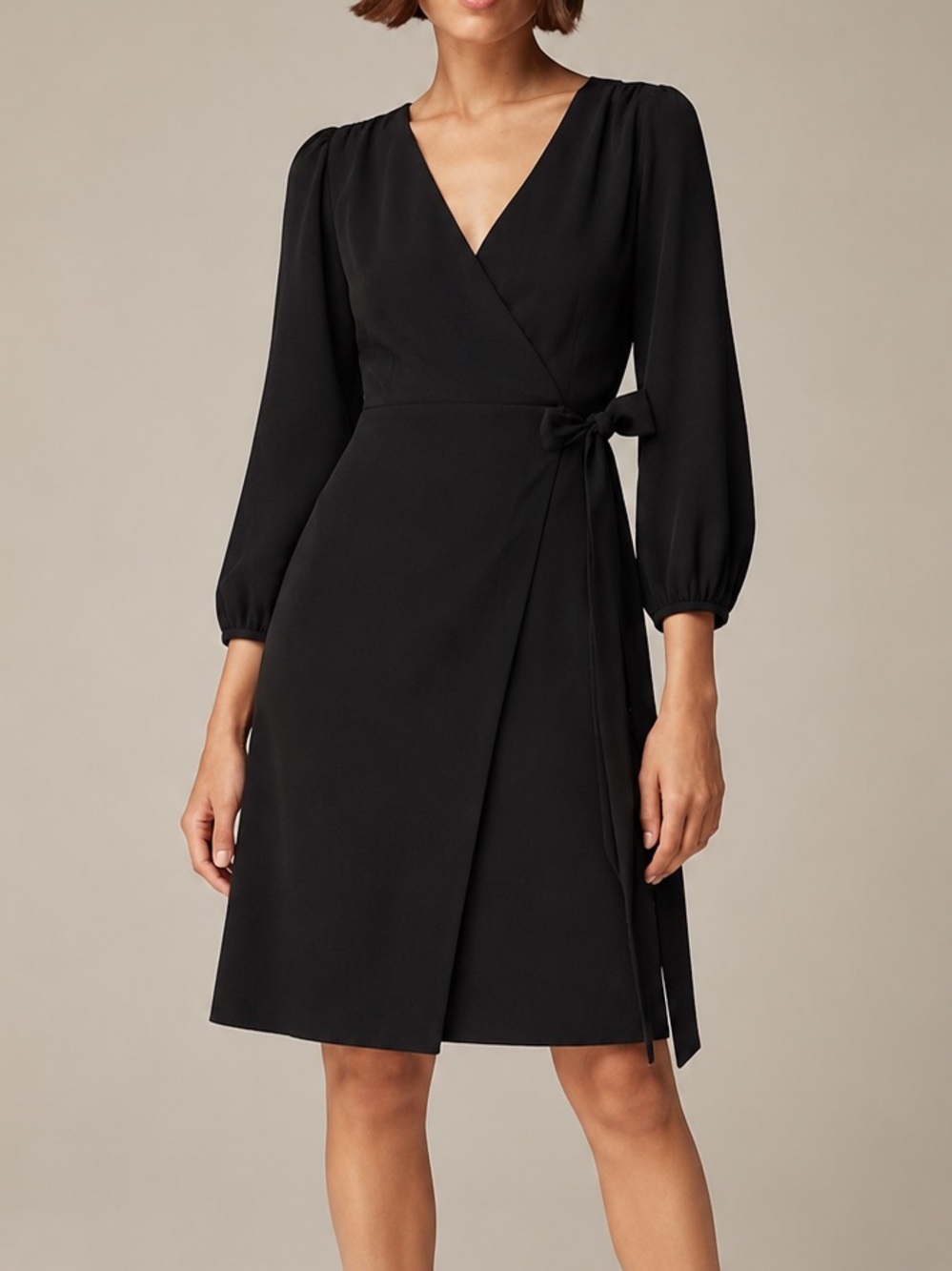 J.Crew Black Faux Wrap Dress Long Sleeve Tie Waist Midi Dress Size 8